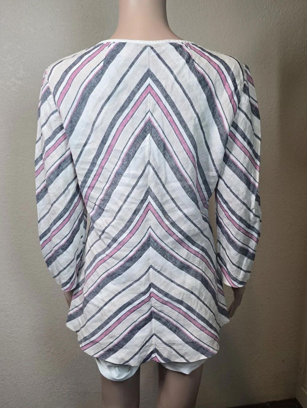 Tory Burch Linen Tunic Top Sz 12 Striped Lace Up Neck Long Sleeve Beach Resort